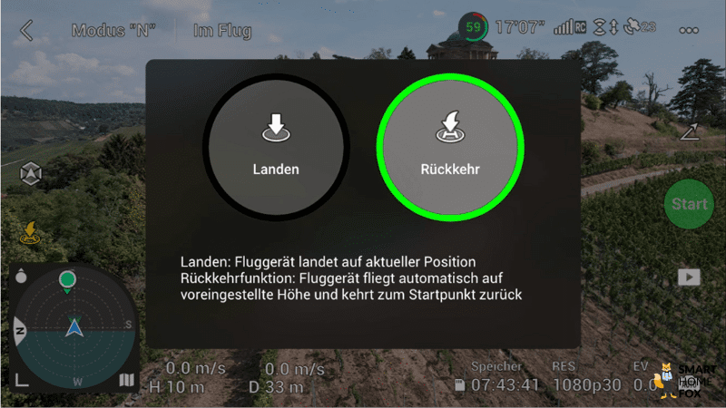 Wenn Du die automatische Rückkehrfunktion aktivierst, fliegt die DJI Mini 3 Pro selbstständig zum zuletzt gespeicherten Ausgangspunkt zurück.